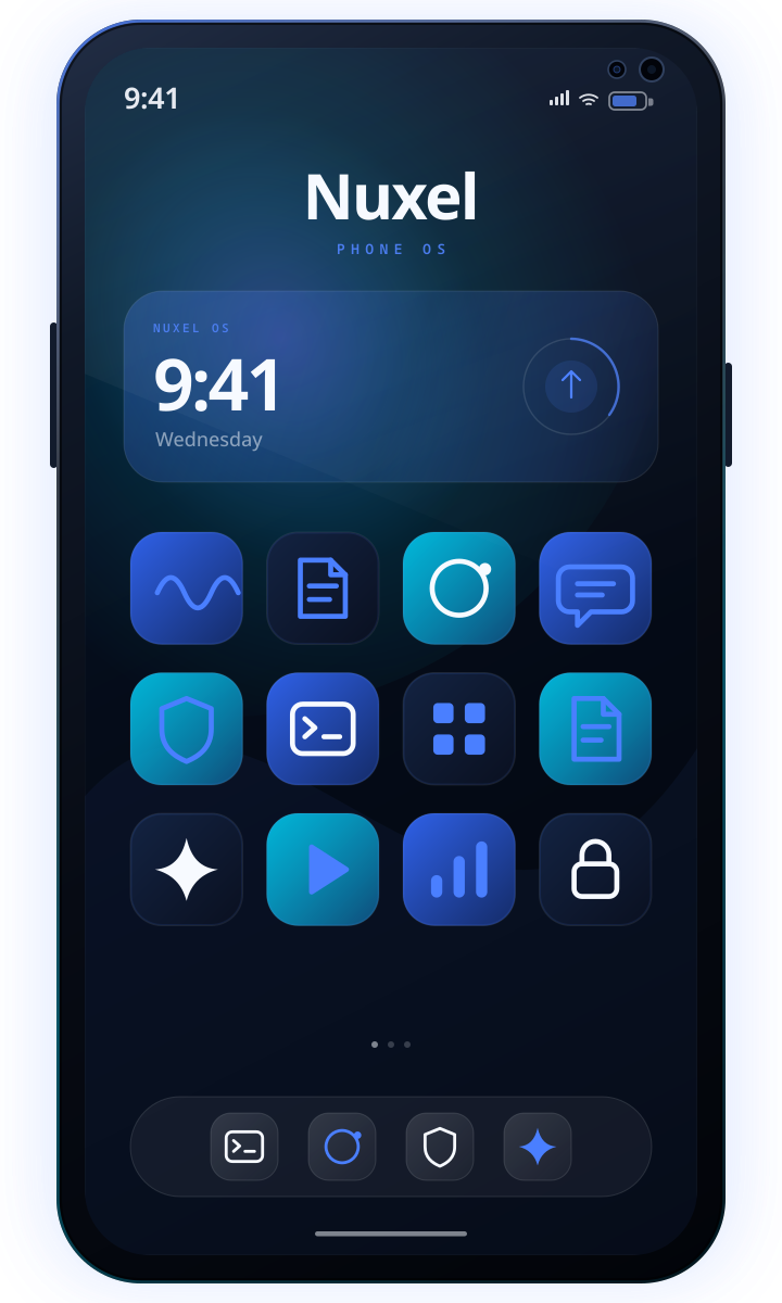 Stylized front view of a Samsung Galaxy S10+ showing the Nuxel interface